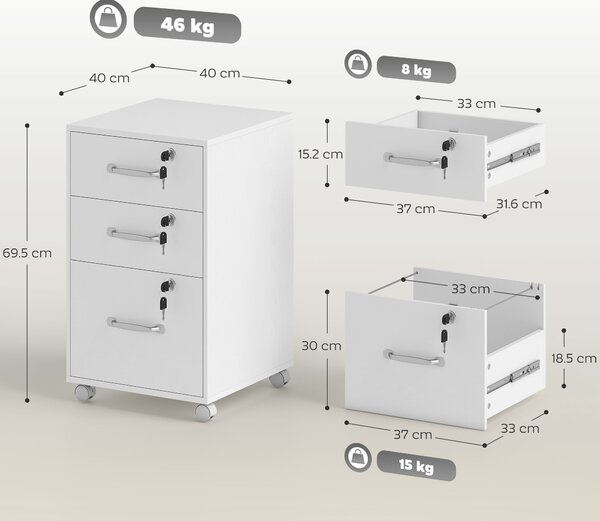 HOMCOM Three Drawer Wood-Effect Filing Cabinet - White