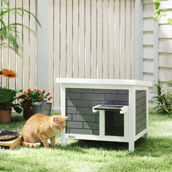 PawHut Outdoor Cat House Insulated with Openable Roof, Weatherproof Feral Cat Shelter for Rabbits, Cats, Grey