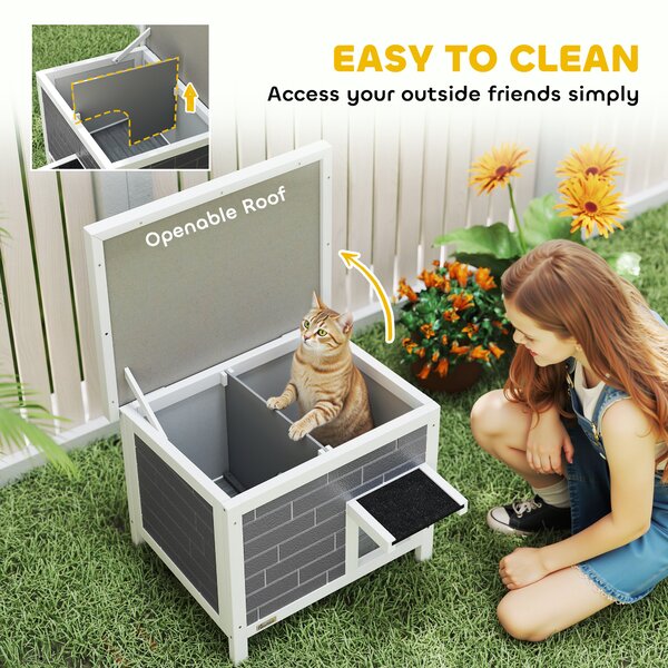 PawHut Outdoor Cat House Insulated with Openable Roof, Weatherproof Feral Cat Shelter for Rabbits, Cats, Grey