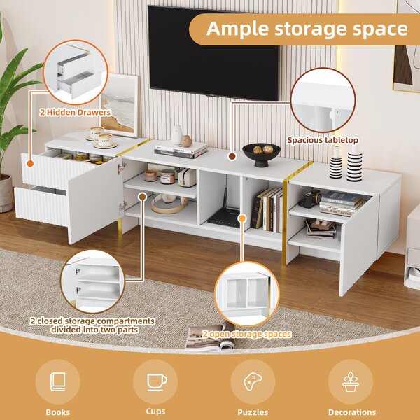Modern TV Cabinet with Storage Cabinet and Open Shelves for 85-Inch TV, Entertainment Centre for Living Room, 190L x 35W x 45H cm, White+Gold Aosom.UK