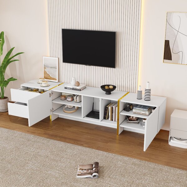 Modern TV Cabinet with Storage Cabinet and Open Shelves for 85-Inch TV, Entertainment Centre for Living Room, 190L x 35W x 45H cm, White+Gold Aosom.UK