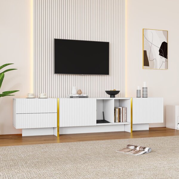 Modern TV Cabinet with Storage Cabinet and Open Shelves for 85-Inch TV, Entertainment Centre for Living Room, 190L x 35W x 45H cm, White+Gold Aosom.UK