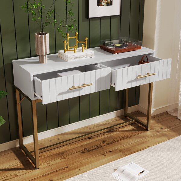 Modern Dressing Table with 2 Drawers, Highboard Bedroom Chest, White Sideboard, Particle Board and Metal Construction, 75x100x45 cm, White Aosom UK