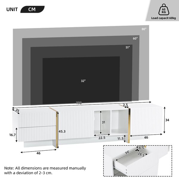 Modern TV Cabinet with Storage Cabinet and Open Shelves for 85-Inch TV, Entertainment Centre for Living Room, 190L x 35W x 45H cm, White+Gold Aosom.UK