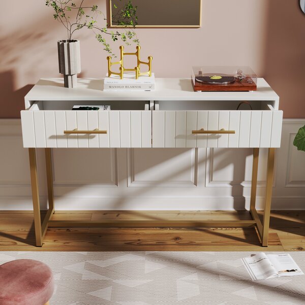 Modern Dressing Table with 2 Drawers, Highboard Bedroom Chest, White Sideboard, Particle Board and Metal Construction, 75x100x45 cm, White Aosom UK