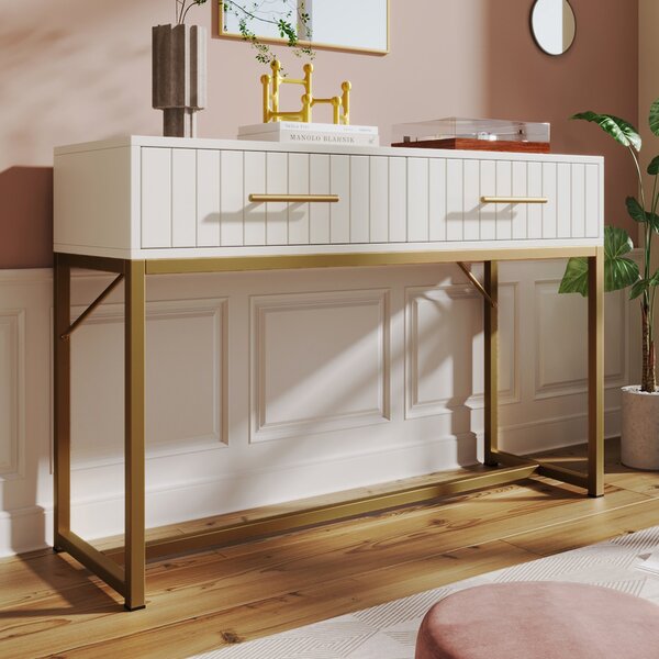 Modern Dressing Table with 2 Drawers, Highboard Bedroom Chest, White Sideboard, Particle Board and Metal Construction, 75x100x45 cm, White Aosom UK