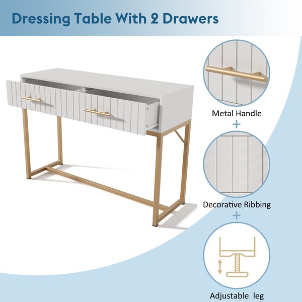 Modern Dressing Table with 2 Drawers, Highboard Bedroom Chest, White Sideboard, Particle Board and Metal Construction, 75x100x45 cm, White Aosom UK