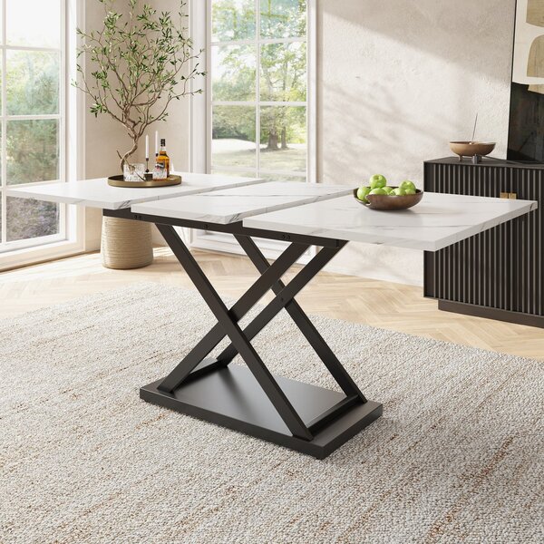 Extendable Dining Table with Marble MDF Top, Crossed Iron Legs, Telescopic Table of Space-Saving Design, Ideal for Kitchen, Dining Room, White Aosom UK
