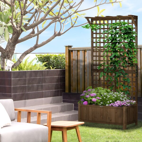 Outsunny 2 Pcs Raised Bed with Drainage Holes, Wood Planter with Trellis for Climbing Plants to Grow Vegetables, Flowers, Brown Aosom UK
