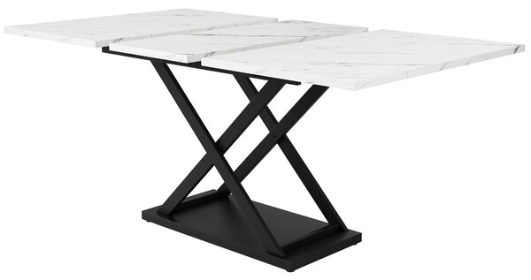 Extendable Dining Table with Marble MDF Top, Crossed Iron Legs, Telescopic Table of Space-Saving Design, Ideal for Kitchen, Dining Room, White Aosom UK