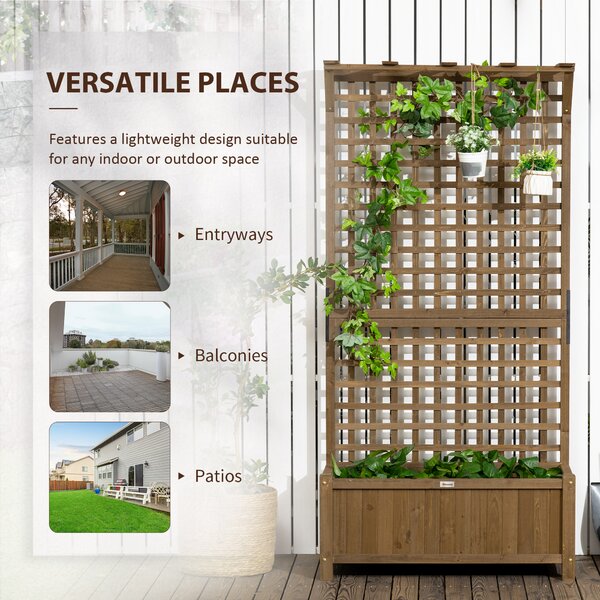 Outsunny 2 Pcs Raised Bed with Drainage Holes, Wood Planter with Trellis for Climbing Plants to Grow Vegetables, Flowers, Brown Aosom UK
