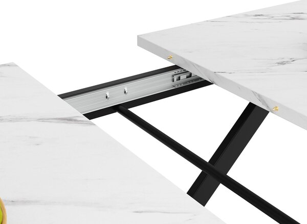 Extendable Dining Table with Marble MDF Top, Crossed Iron Legs, Telescopic Table of Space-Saving Design, Ideal for Kitchen, Dining Room, White Aosom UK
