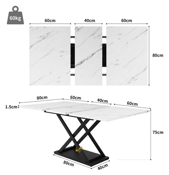 Extendable Dining Table with Marble MDF Top, Crossed Iron Legs, Telescopic Table of Space-Saving Design, Ideal for Kitchen, Dining Room, White Aosom UK