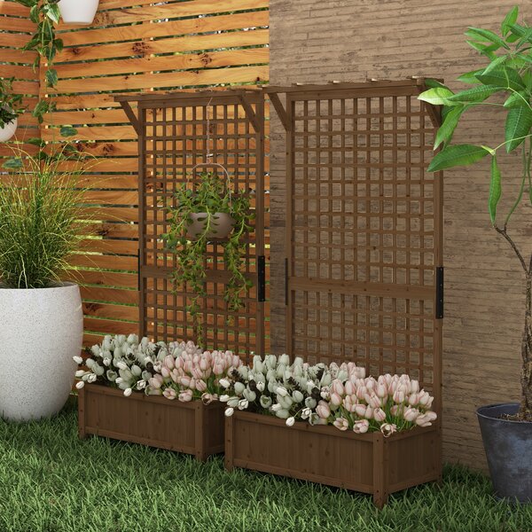 Outsunny 2 Pcs Raised Bed with Drainage Holes, Wood Planter with Trellis for Climbing Plants to Grow Vegetables, Flowers, Brown Aosom UK