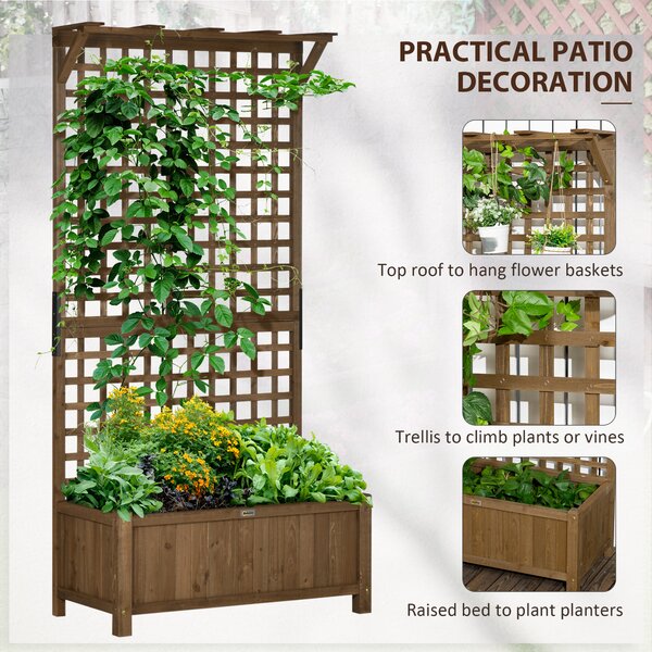 Outsunny 2 Pcs Raised Bed with Drainage Holes, Wood Planter with Trellis for Climbing Plants to Grow Vegetables, Flowers, Brown Aosom UK