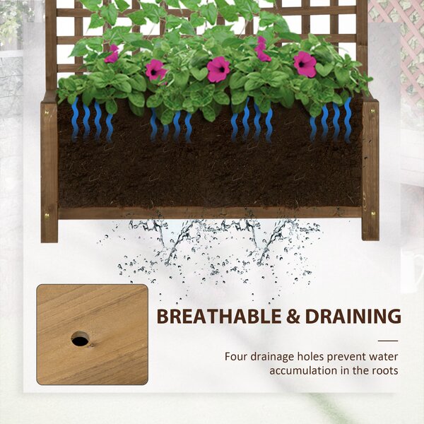 Outsunny 2 Pcs Raised Bed with Drainage Holes, Wood Planter with Trellis for Climbing Plants to Grow Vegetables, Flowers, Brown Aosom UK