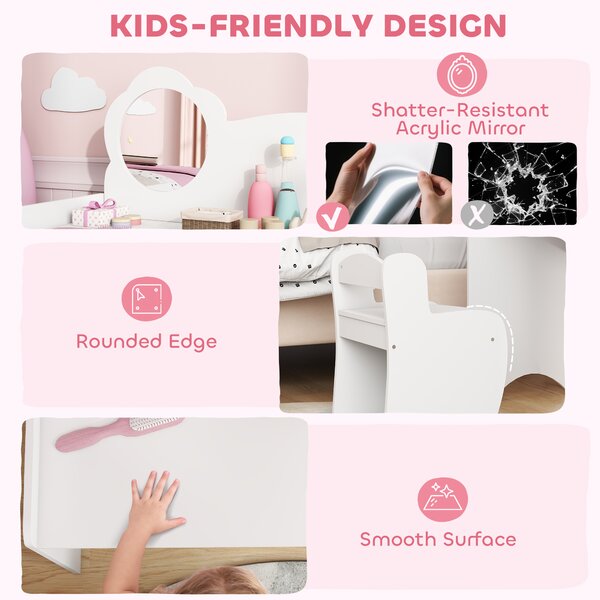 AIYAPLAY Kids Dressing Table with Mirror, Stool, Kids Vanity Table with Shelves, for Ages 3-8 Years, White