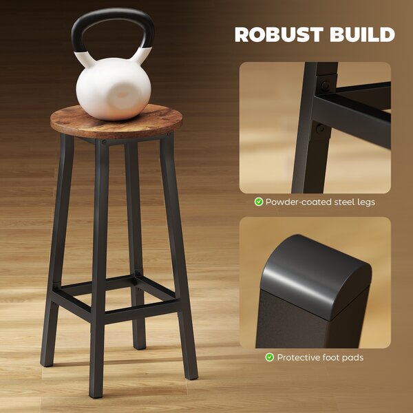 HOMCOM Bar Stools Set of 2 Breakfast Bar Stools with Footrest, Industrial Round, 32 x 32 x 65 cm, Rustic Brown