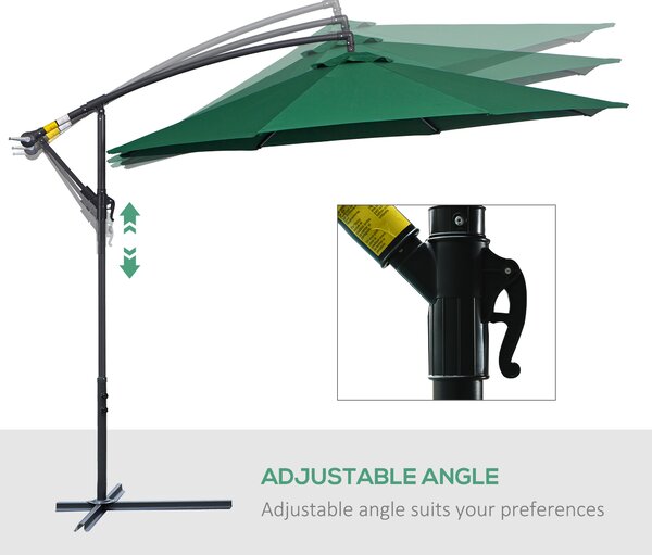 Outsunny Waterproof Banana Cantilever Parasol: 3m Hanging Umbrella with Crank & Cross Base, Outdoor Sun Shelter, Verdant Green Aosom UK