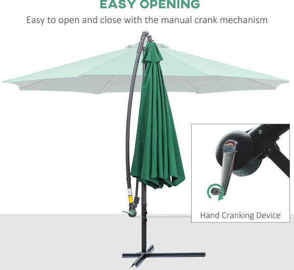 Outsunny Waterproof Banana Cantilever Parasol: 3m Hanging Umbrella with Crank & Cross Base, Outdoor Sun Shelter, Verdant Green Aosom UK
