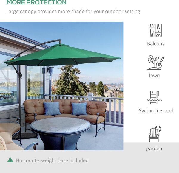 Outsunny Waterproof Banana Cantilever Parasol: 3m Hanging Umbrella with Crank & Cross Base, Outdoor Sun Shelter, Verdant Green Aosom UK