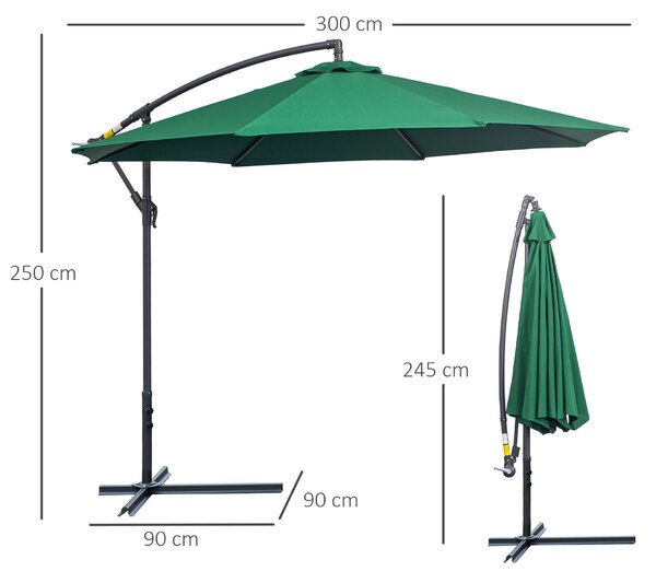 Outsunny Waterproof Banana Cantilever Parasol: 3m Hanging Umbrella with Crank & Cross Base, Outdoor Sun Shelter, Verdant Green Aosom UK