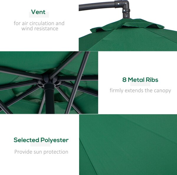 Outsunny Waterproof Banana Cantilever Parasol: 3m Hanging Umbrella with Crank & Cross Base, Outdoor Sun Shelter, Verdant Green Aosom UK