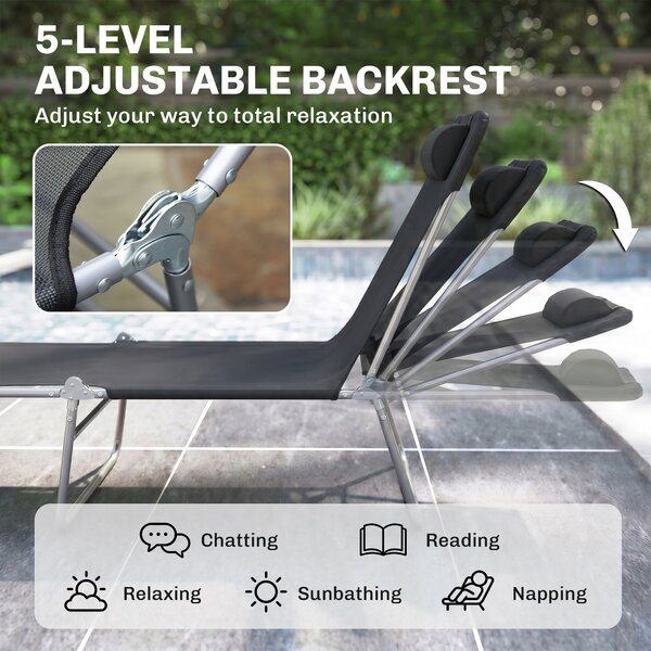 Outsunny Garden Lounger, Portable Outdoor Patio Sun Bed Chair, Adjustable Back Recliner, Lightweight, Light Black Aosom UK