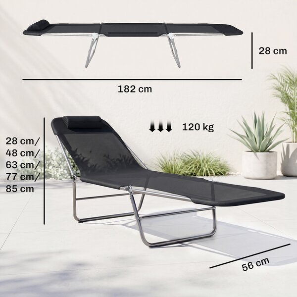 Outsunny Garden Lounger, Portable Outdoor Patio Sun Bed Chair, Adjustable Back Recliner, Lightweight, Light Black Aosom UK