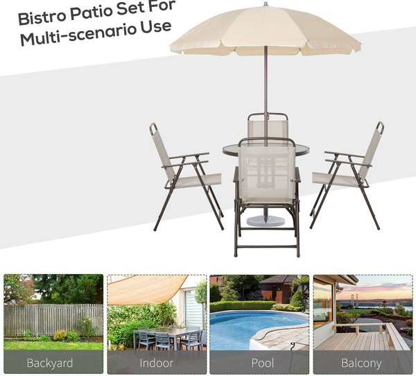 Outsunny Garden Patio Texteline Folding Chairs Plus Table and Parasol Furniture Bistro Set - Beige (6-Piece)