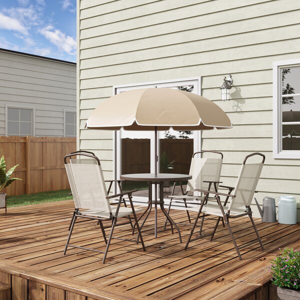 Outsunny Garden Patio Texteline Folding Chairs Plus Table and Parasol Furniture Bistro Set - Beige (6-Piece)