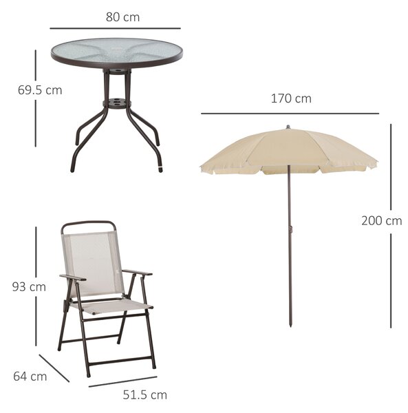 Outsunny Garden Patio Texteline Folding Chairs Plus Table and Parasol Furniture Bistro Set - Beige (6-Piece)
