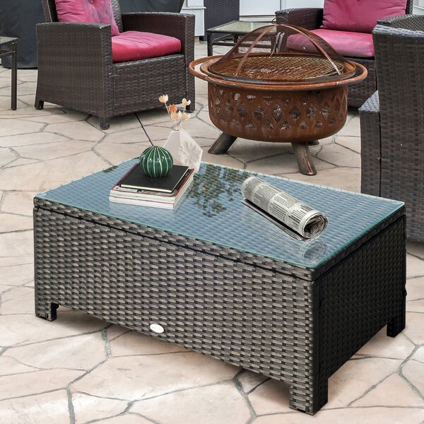 Outsunny Rattan Garden Furniture Coffee Table Patio Iron Frame Tempered Glass (Black)