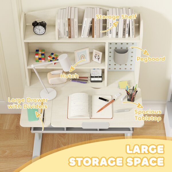 AIYAPLAY Kids Desk Height Adjustable with Tilt-Desktop, Hutch, Drawer, Storage Shelf, Pegboard, for 3-12 Years Old, Natural