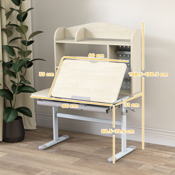 AIYAPLAY Kids Desk Height Adjustable with Tilt-Desktop, Hutch, Drawer, Storage Shelf, Pegboard, for 3-12 Years Old, Natural