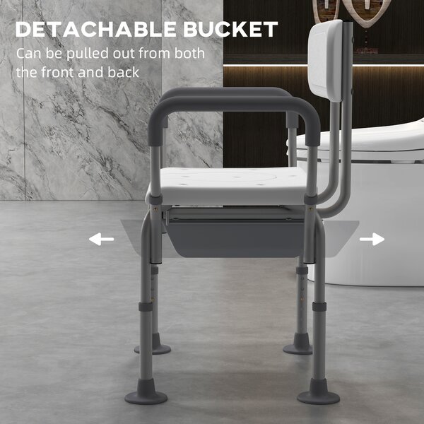 HOMCOM Height Adjustable Shower Stool with Arms and Back, Non-Slip Bedside Commode, Detachable Bucket, White Aosom UK