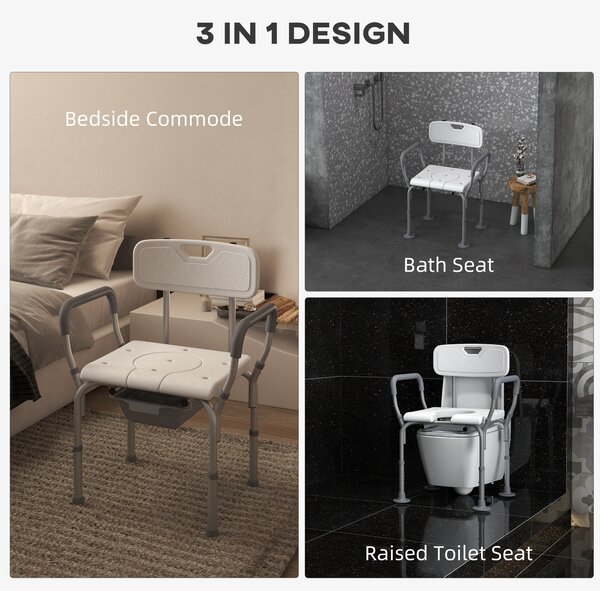 HOMCOM Height Adjustable Shower Stool with Arms and Back, Non-Slip Bedside Commode, Detachable Bucket, White Aosom UK