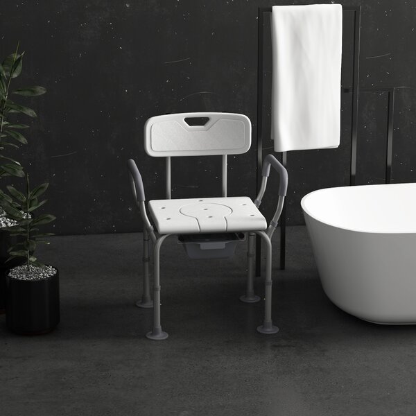 HOMCOM Height Adjustable Shower Stool with Arms and Back, Non-Slip Bedside Commode, Detachable Bucket, White Aosom UK