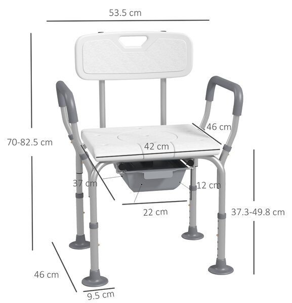 HOMCOM Height Adjustable Shower Stool with Arms and Back, Non-Slip Bedside Commode, Detachable Bucket, White Aosom UK