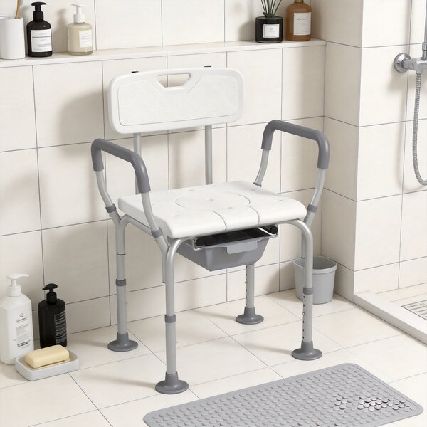 HOMCOM Height Adjustable Shower Stool with Arms and Back, Non-Slip Bedside Commode, Detachable Bucket, White Aosom UK