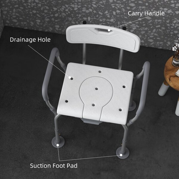HOMCOM Height Adjustable Shower Stool with Arms and Back, Non-Slip Bedside Commode, Detachable Bucket, White Aosom UK