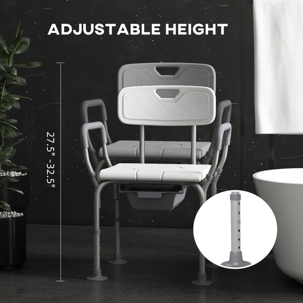 HOMCOM Height Adjustable Shower Stool with Arms and Back, Non-Slip Bedside Commode, Detachable Bucket, White Aosom UK