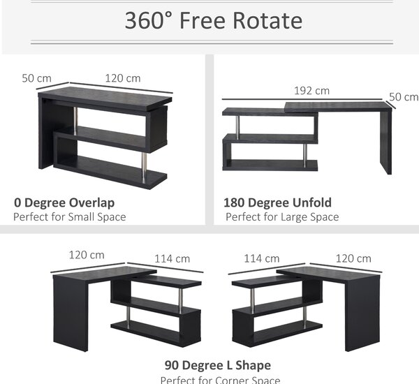 HOMCOM 360° Rotating L-Shaped Corner Computer Desk Home Office Writing Table Swivel Workstation with Storage Shelf, Black