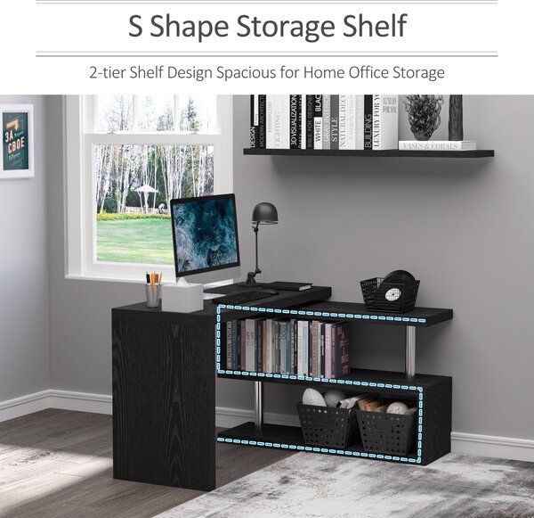 HOMCOM 360° Rotating L-Shaped Corner Computer Desk Home Office Writing Table Swivel Workstation with Storage Shelf, Black
