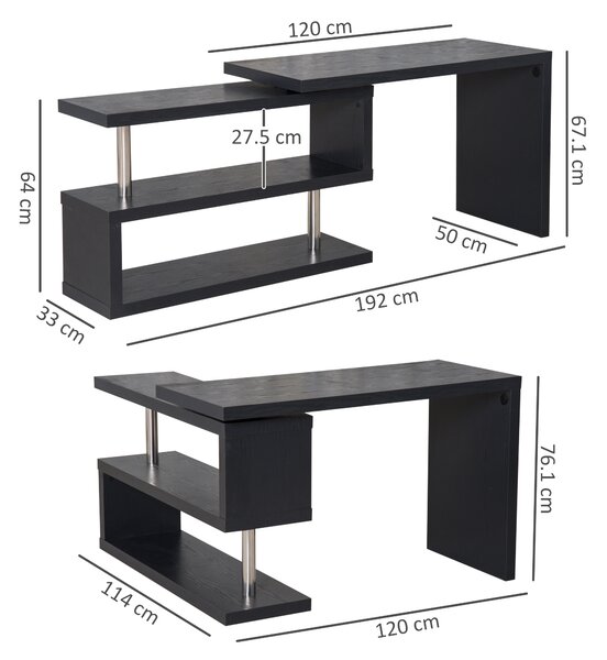 HOMCOM 360° Rotating L-Shaped Corner Computer Desk Home Office Writing Table Swivel Workstation with Storage Shelf, Black