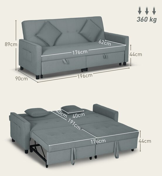 HOMCOM 3 Seater Velvet Sofa Bed, Convertible Click-Clack Couch with Adjustable Backrest, Small Double Sleeper Sofa for Living Room & Guests, Grey Aosom UK