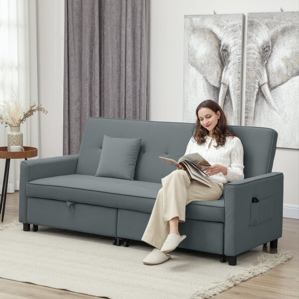 HOMCOM 3 Seater Velvet Sofa Bed, Convertible Click-Clack Couch with Adjustable Backrest, Small Double Sleeper Sofa for Living Room & Guests, Grey Aosom UK