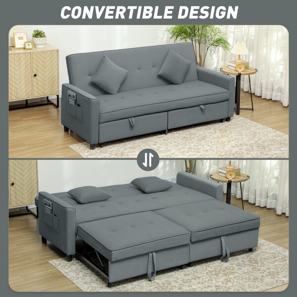 HOMCOM 3 Seater Velvet Sofa Bed, Convertible Click-Clack Couch with Adjustable Backrest, Small Double Sleeper Sofa for Living Room & Guests, Grey Aosom UK