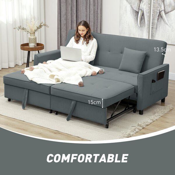 HOMCOM 3 Seater Velvet Sofa Bed, Convertible Click-Clack Couch with Adjustable Backrest, Small Double Sleeper Sofa for Living Room & Guests, Grey Aosom UK