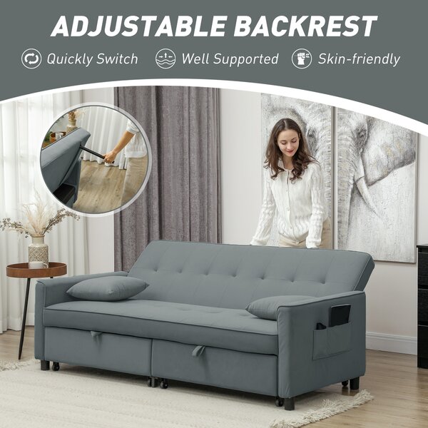 HOMCOM 3 Seater Velvet Sofa Bed, Convertible Click-Clack Couch with Adjustable Backrest, Small Double Sleeper Sofa for Living Room & Guests, Grey Aosom UK